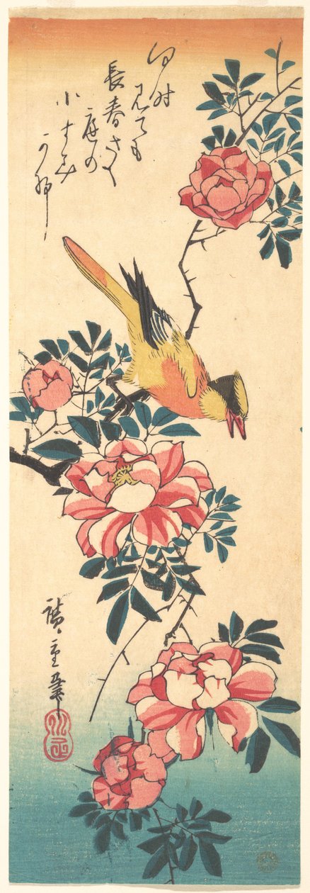 Östliche Grauwasserstelze und Rose de Utagawa Hiroshige
