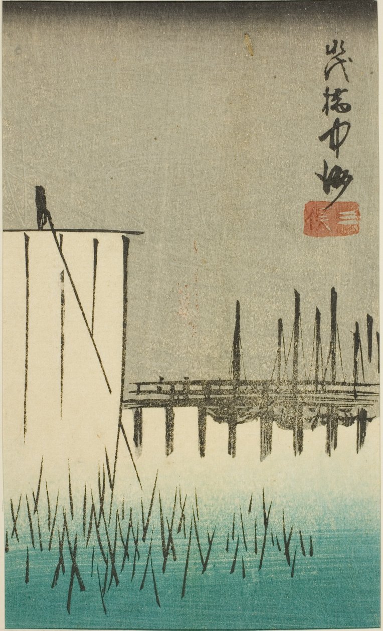 Eitai B razão, Nakasu, plano d de três pontas (Ponte Eitai Nakasu de três pontas) lugares famosos)” de Utagawa Hiroshige