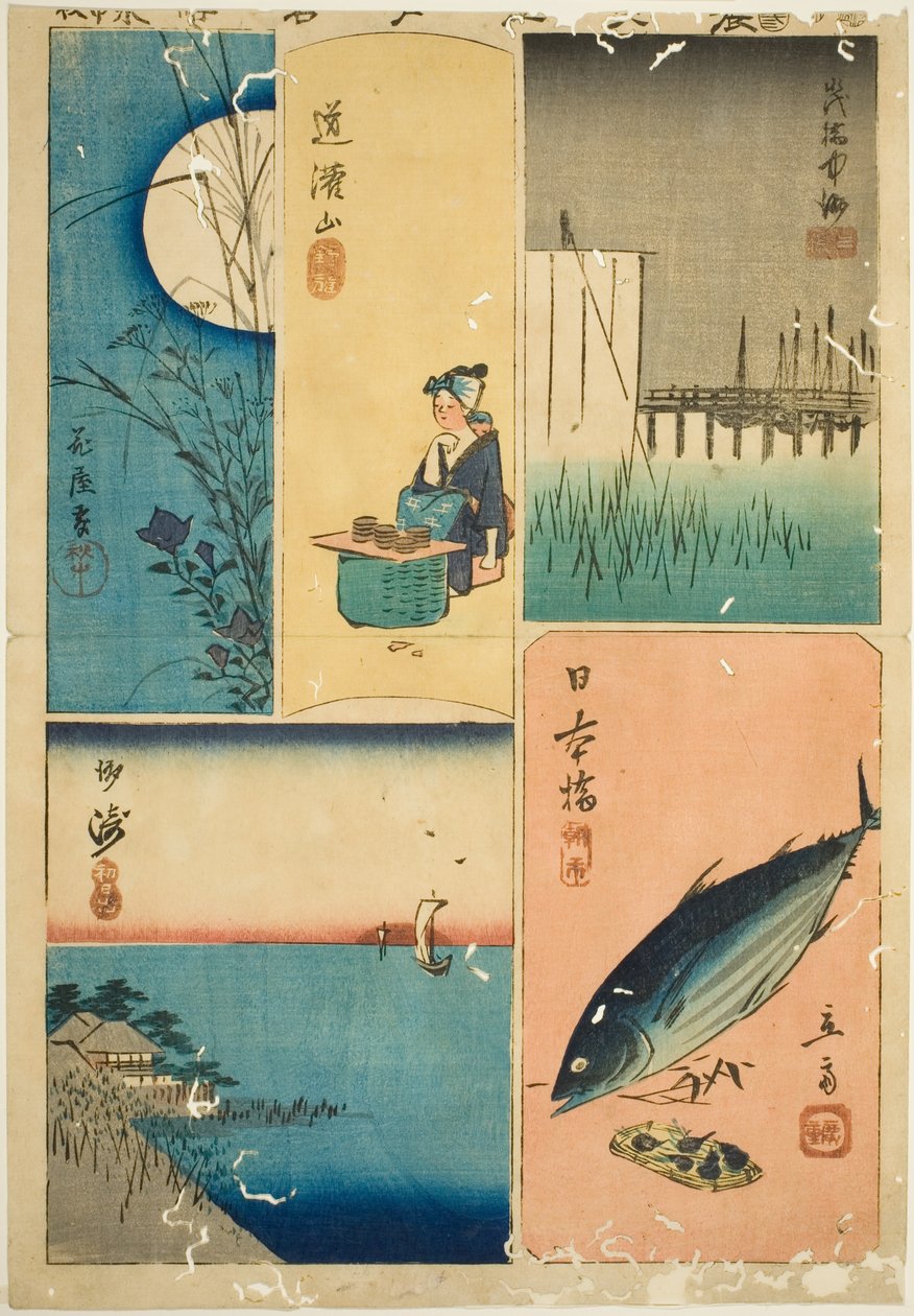 Ponte Eitai, Ponte Nihon, Susaki, Jardim de Flores e Colina Dokan (Eitaibashi, Nihonbashi, Susaki, Hanayashiki, Dokanyama), da série "Recortes de Lugares Famosos em Edo (Harimaze Koto meisho)" de Utagawa Hiroshige