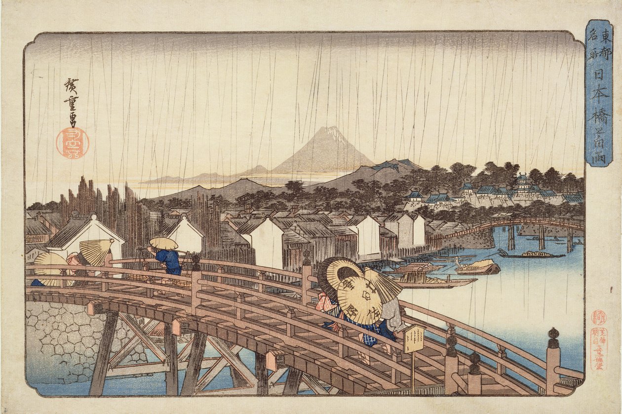 Ducha Noturna na Ponte Nihonbashi, dos Lugares Celebrados da Capital Oriental c. 1832 (impressão em cores em xilogravura) de Utagawa Hiroshige