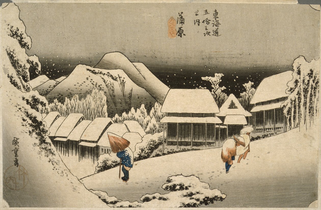 Neve ao anoitecer em Kanbara de Utagawa Hiroshige