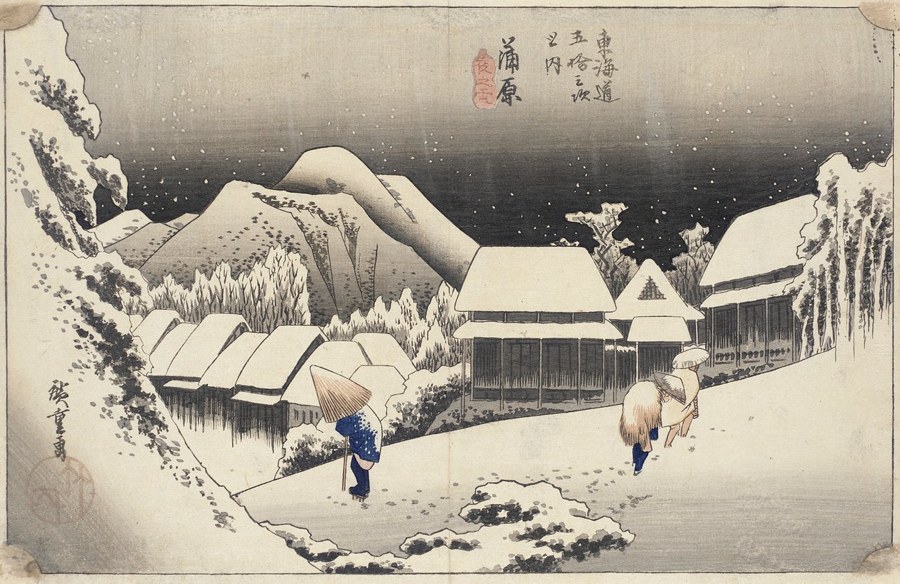 Neve da noite em Kanbara da série 53 estações do Tokaido, c.1833-4 (impressão do woodblock da cor) de Utagawa Hiroshige