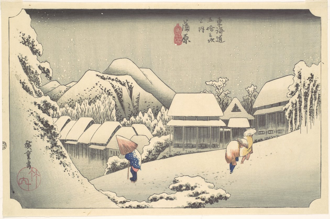 Neve ao entardecer em Kanbara, da série «As cinquenta e três estações do Tōkaidō» de Utagawa Hiroshige