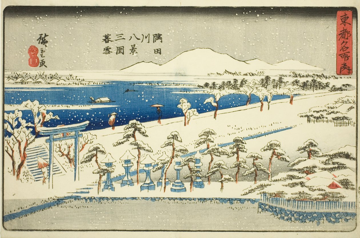 Evening Snow at Mimeguri, Eight Views of the Sumida River (Sumidagawa hakkei, Mimeguri bosetsu), da série "Lugares Famosos na Capital Oriental (Toto meisho no uchi)" de Utagawa Hiroshige