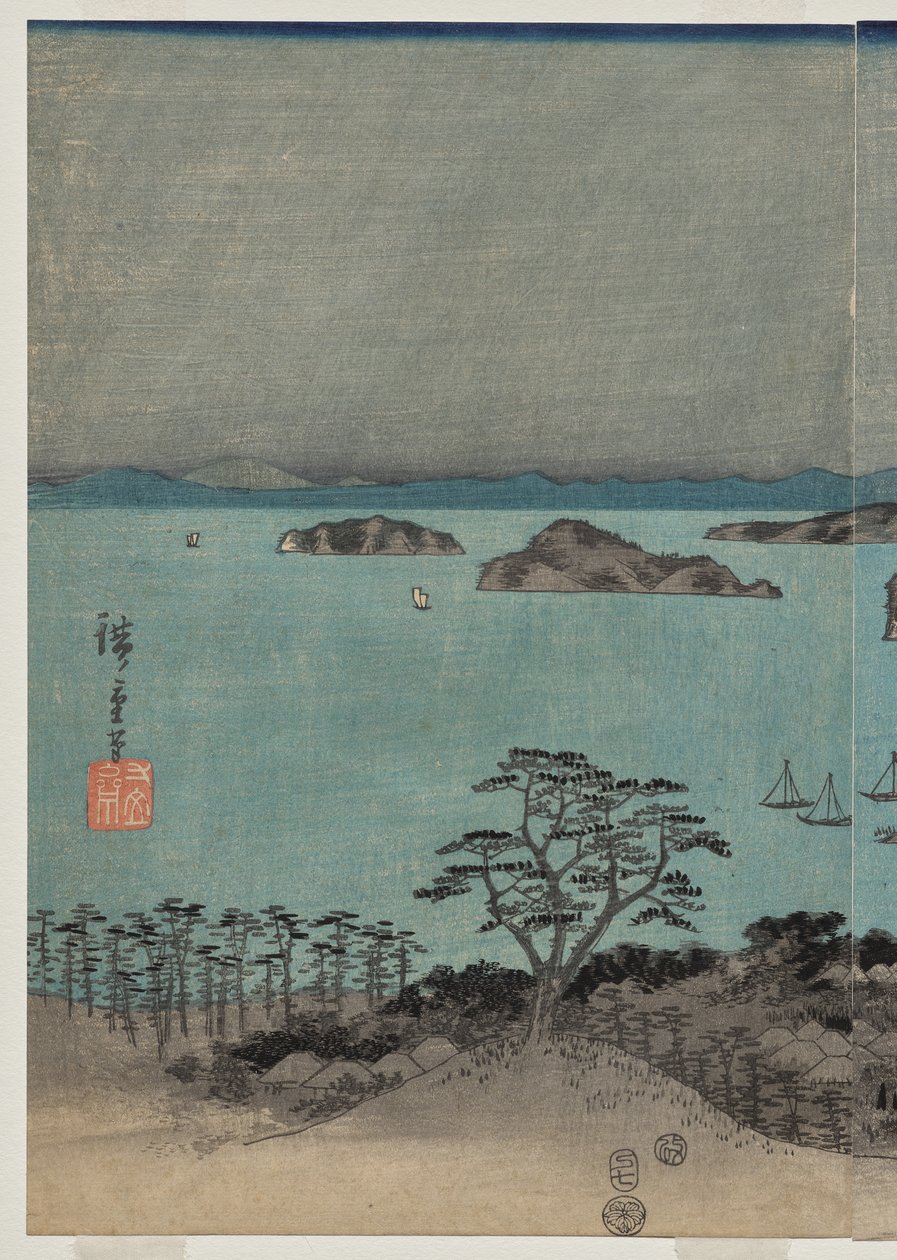 Vista noturna dos oito lugares famosos perto de Kanazawa sob lua cheia na província de Musashi de Utagawa Hiroshige