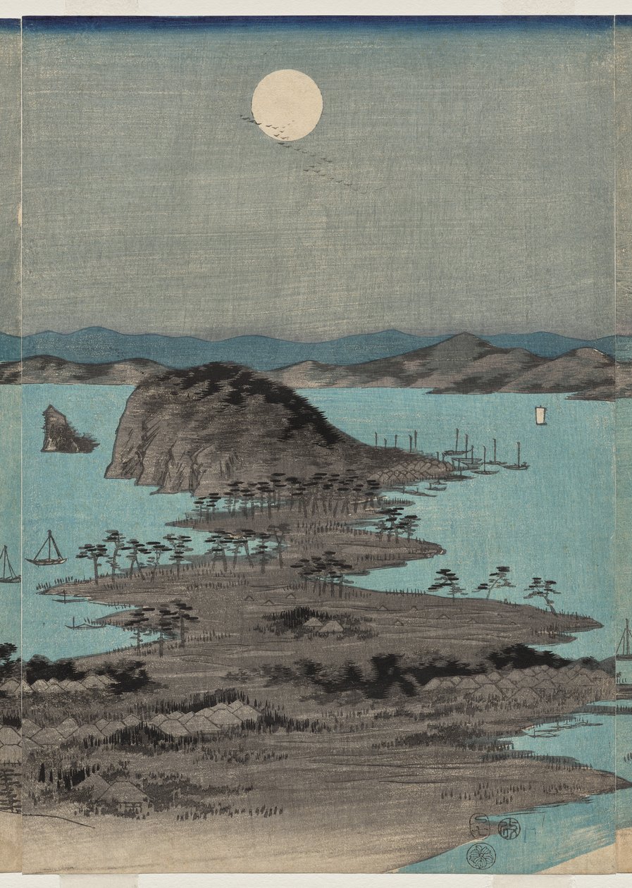 Vista noturna dos oito lugares famosos perto de Kanazawa sob lua cheia na província de Musashi de Utagawa Hiroshige