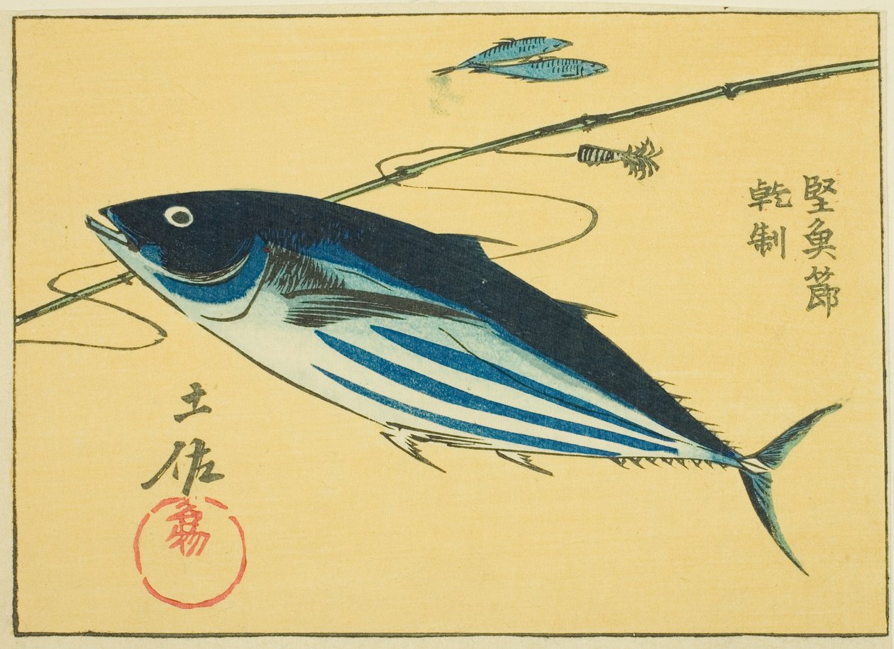 Produtos famosos da província de Tosa: Seco Bonito (Tosa meibutsu, katsuobushi), seção da folha no. 16 da série "Fotos Recortadas das Províncias (Kunizukushi harimaze zue)" de Utagawa Hiroshige