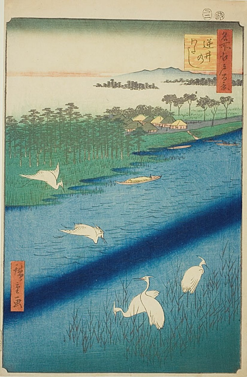 Travessia de barco em Sakasai (Sakasai no watashi), n.o 67 da série "Cem vistas famosas de Edo (Meisho Edo hyakkei)" de Utagawa Hiroshige