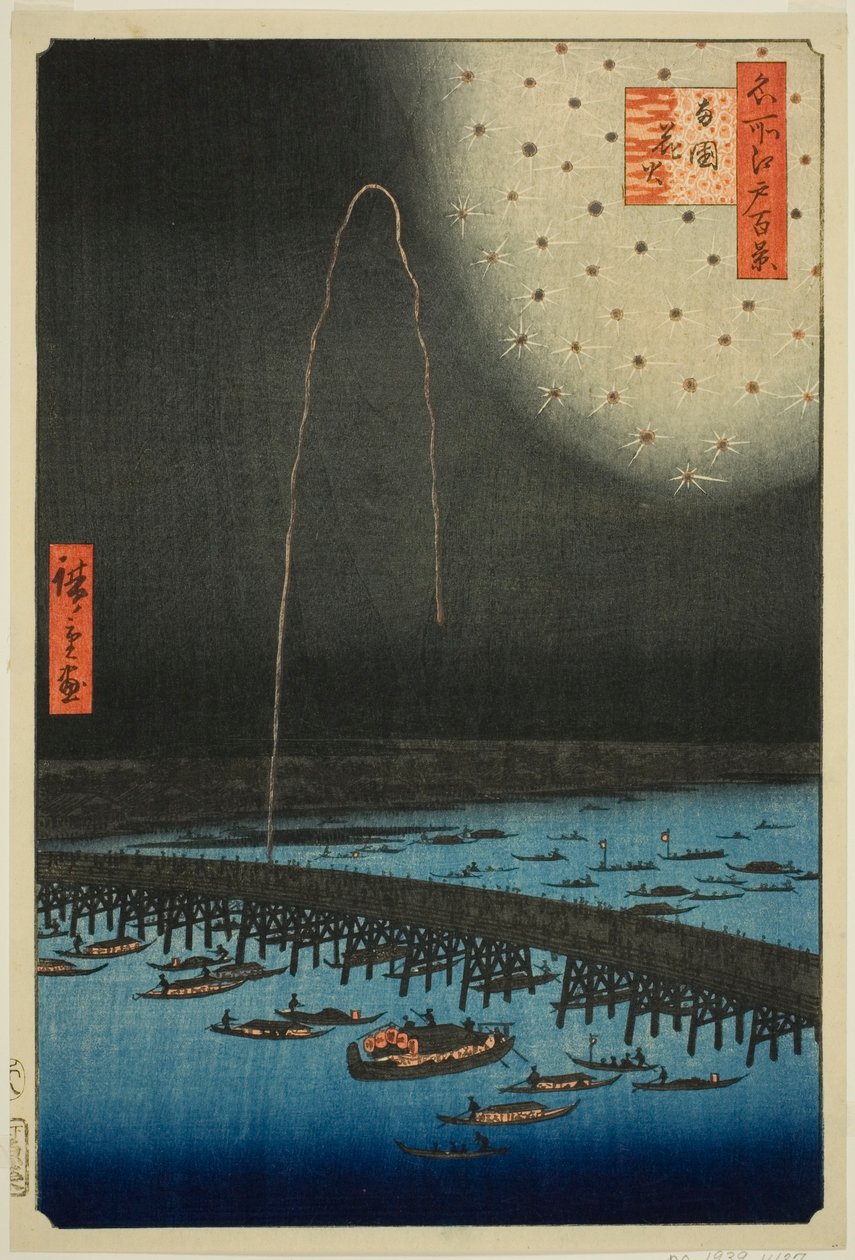 Filet rks at Rokoku (Rokoku Fireworks), da série ”Ridge d re d Fa net s Views of Edo (Cem vistas famosas de Edo)” de Utagawa Hiroshige