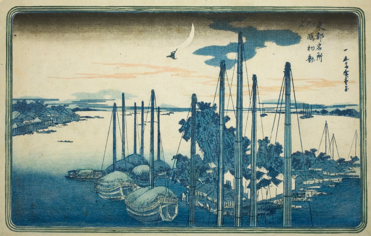 Primeiro Cuco do Ano na Ilha Tsukuda (Tsukudajima, hatsu hototogisu), da série "Vistas Famosas da Capital Oriental (Toto Meisho)" de Utagawa Hiroshige