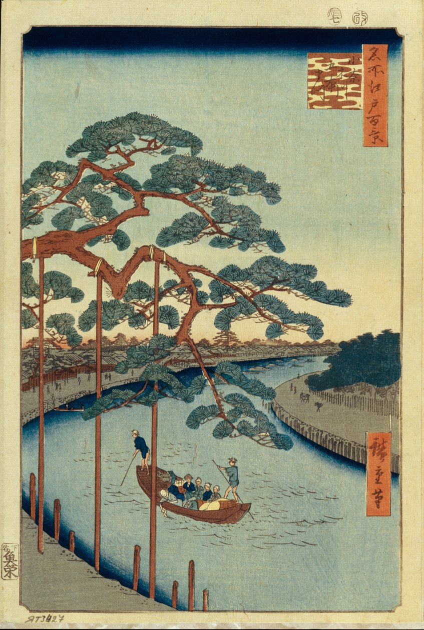 Cinco pinheiros e o canal Onagi Cem vistas famosas de Edo, 1856-1858 de Utagawa Hiroshige