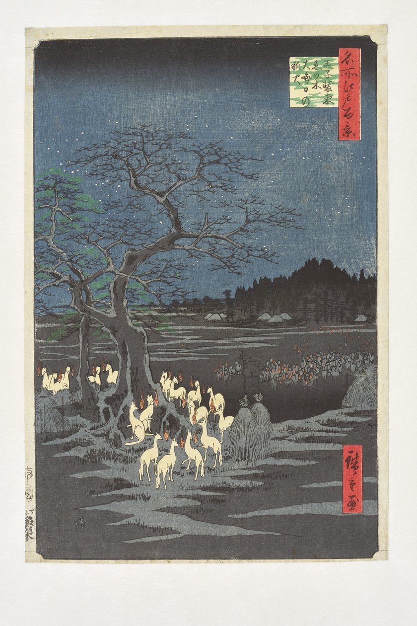 Fogueiras de raposas na noite de Ano Novo sob a árvore enoki perto de Ōji, da série «Cem Vistas Famosas de Edo» de Utagawa Hiroshige
