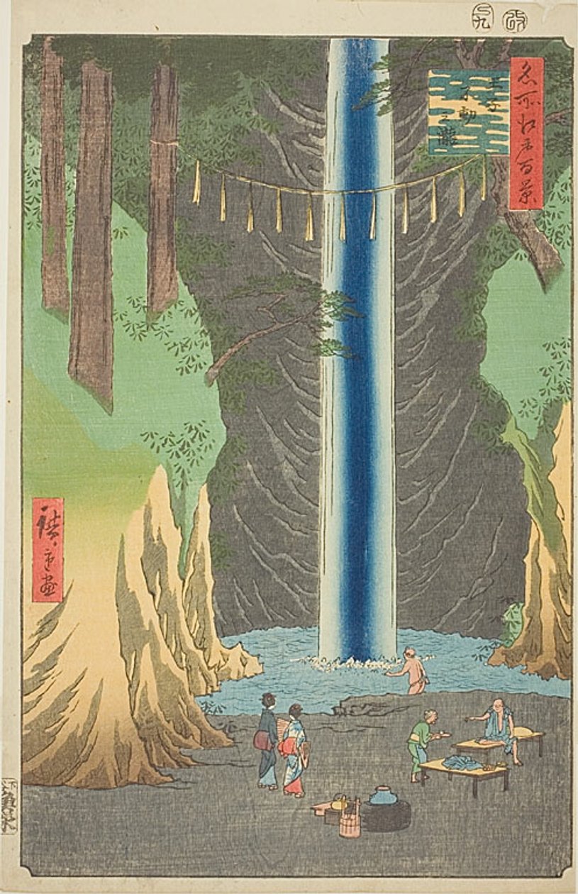 Quedas de Fudo em Oji (Oji Fudo no taki), n.º 49 da série "Cem vistas famosas de Edo (Meisho Edo hyakkei)" de Utagawa Hiroshige