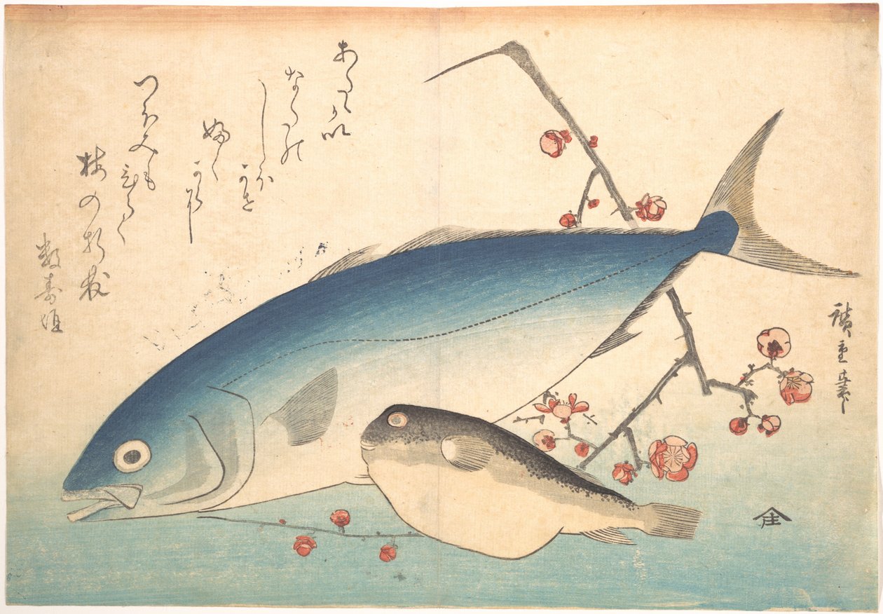 Peixes fugu e inada, da série Uozukushi (Todas as variedades de peixe) de Utagawa Hiroshige