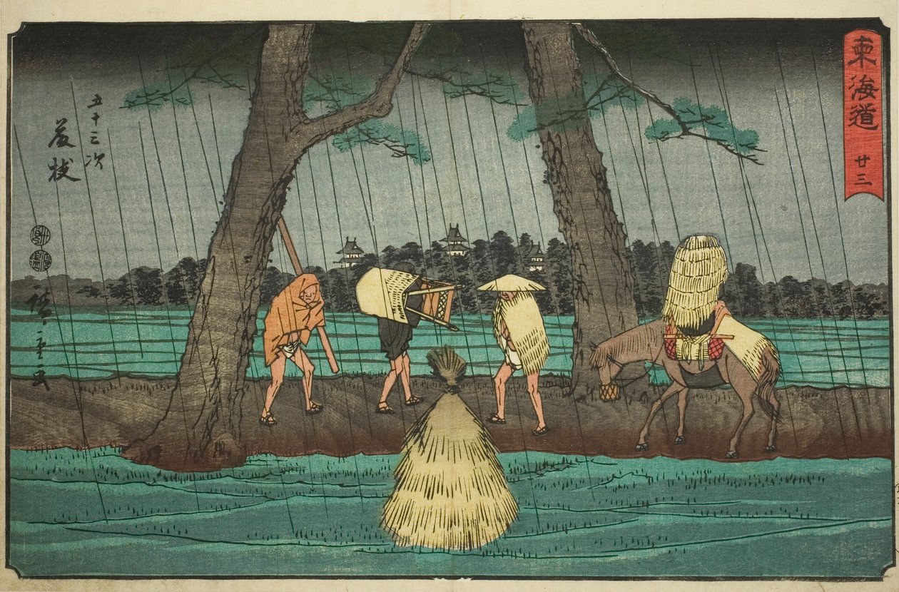 Fujieda—Não. 23, da série "Cinquenta e três estações do Tokaido (Tokaido gojusan tsugi)", também conhecido como Reisho Tokaido de Utagawa Hiroshige