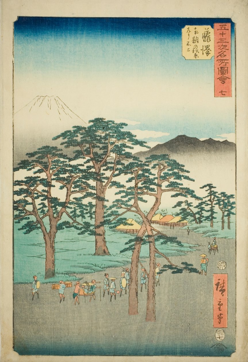 Fujisawa: Monte Fuji à esquerda do Nanki Pine Grove (Fujisawa, Nanki no Matsubara hidari no Fuji), nº. 7 da série "Famous Sights of the Fifty-three Stations (Gojusan tsugi meisho zue)", também conhecido como Vertical Tokaido de Utagawa Hiroshige