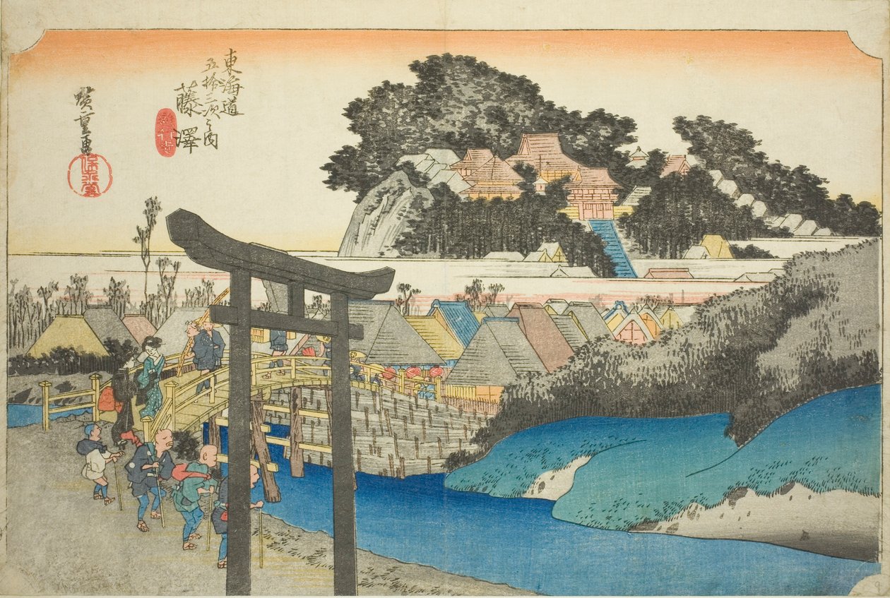 Fujisawa: Templo Yugyo (Fujisawa, Yugyoji), da série "Cinquenta e três estações da estrada Tokaido (Tokaido gojusan tsugi no uchi)", também conhecido como Hoeido Tokaido de Utagawa Hiroshige