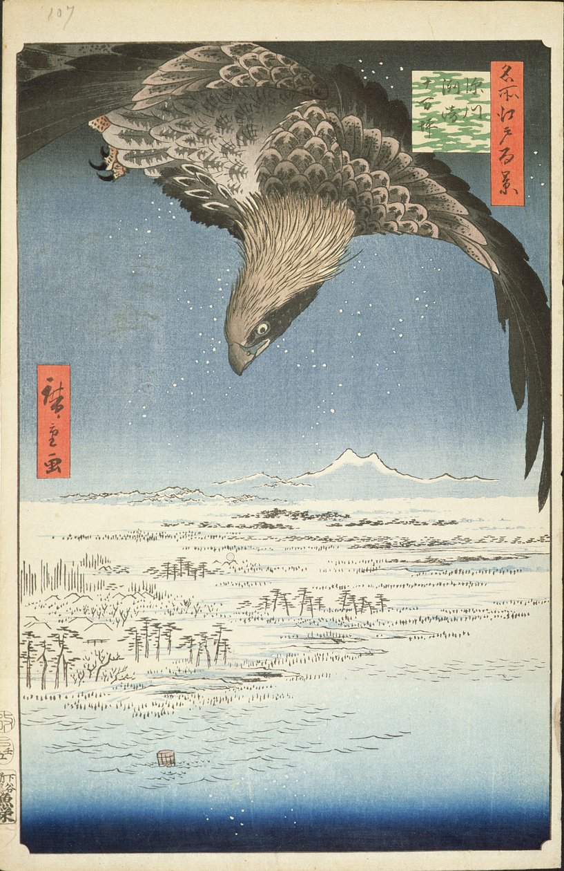 Fukagawa Susaki e Jumantsubo, no.107 de Cem vista famosa de Edo, 1857 (impressão de cor em xilogravura) de Utagawa Hiroshige