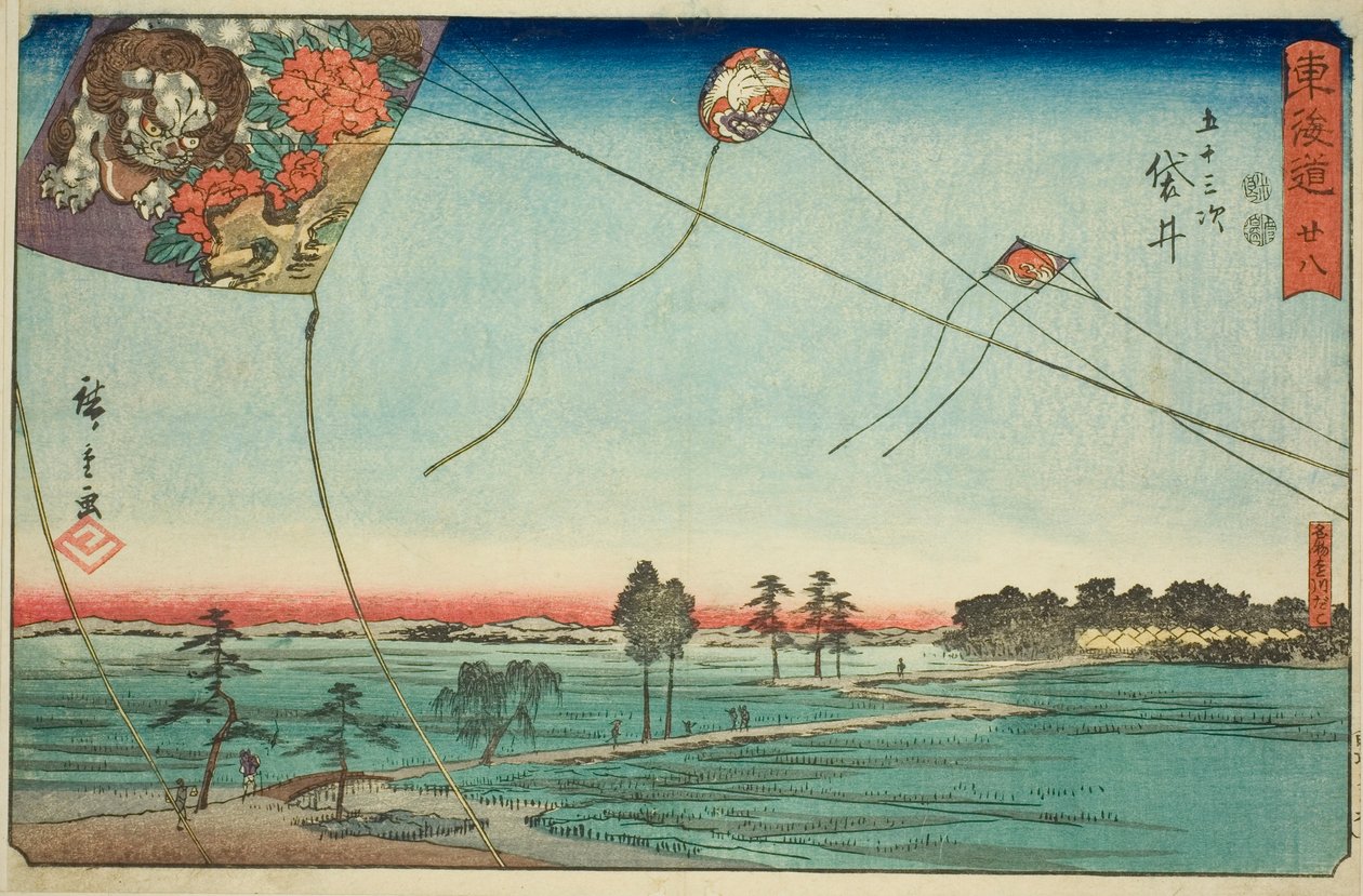 Fukuroi: Famous Kites of Enshu (Fukuroi, meibutsu Enshu dako)—Nº 28, da série "Cinquenta e três estações do Tokaido (Tokaido gojusan tsugi)", também conhecido como Reisho Tokaido de Utagawa Hiroshige