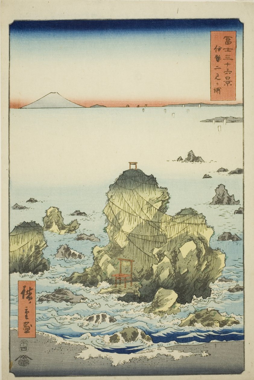 Baía de Futami na província de Ise (Ise Futamigaura), da série "Trinta e seis vistas do Monte Fuji (Fuji sanjurokkei)" de Utagawa Hiroshige