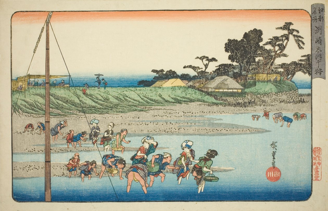 Coletando Mariscos na Maré Baixa em Susaki (Susaki shiohigari), da série "Lugares Famosos em Edo (Koto meisho)" de Utagawa Hiroshige