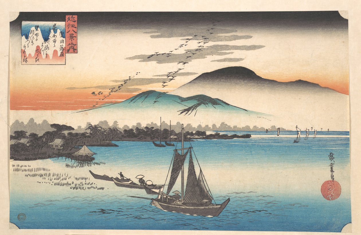 Gansos a pousar em Katada, lago Biwa de Utagawa Hiroshige