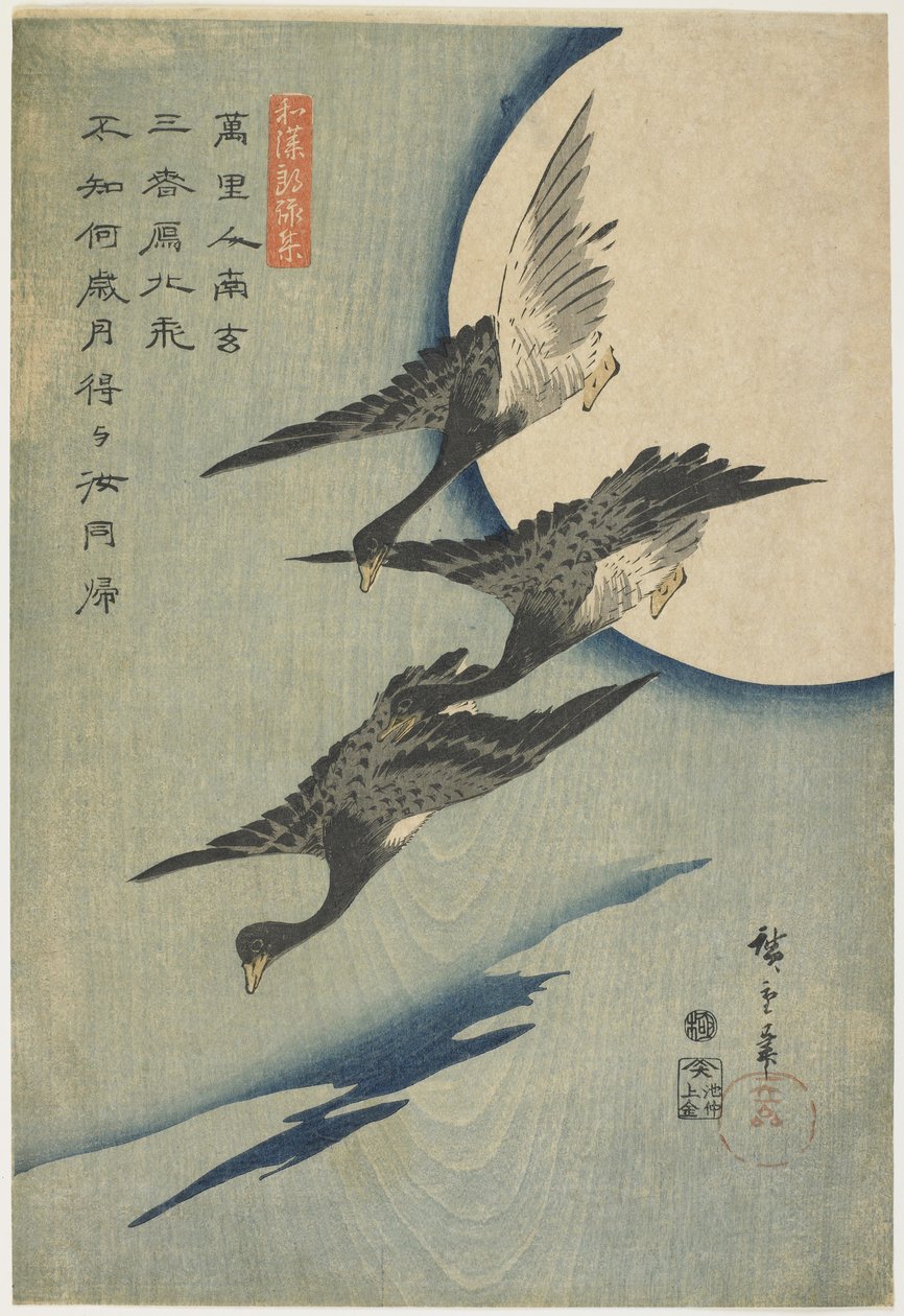 Gansos contra a Lua, 1837-44 (impressão em xilogravura a cores) de Utagawa Hiroshige