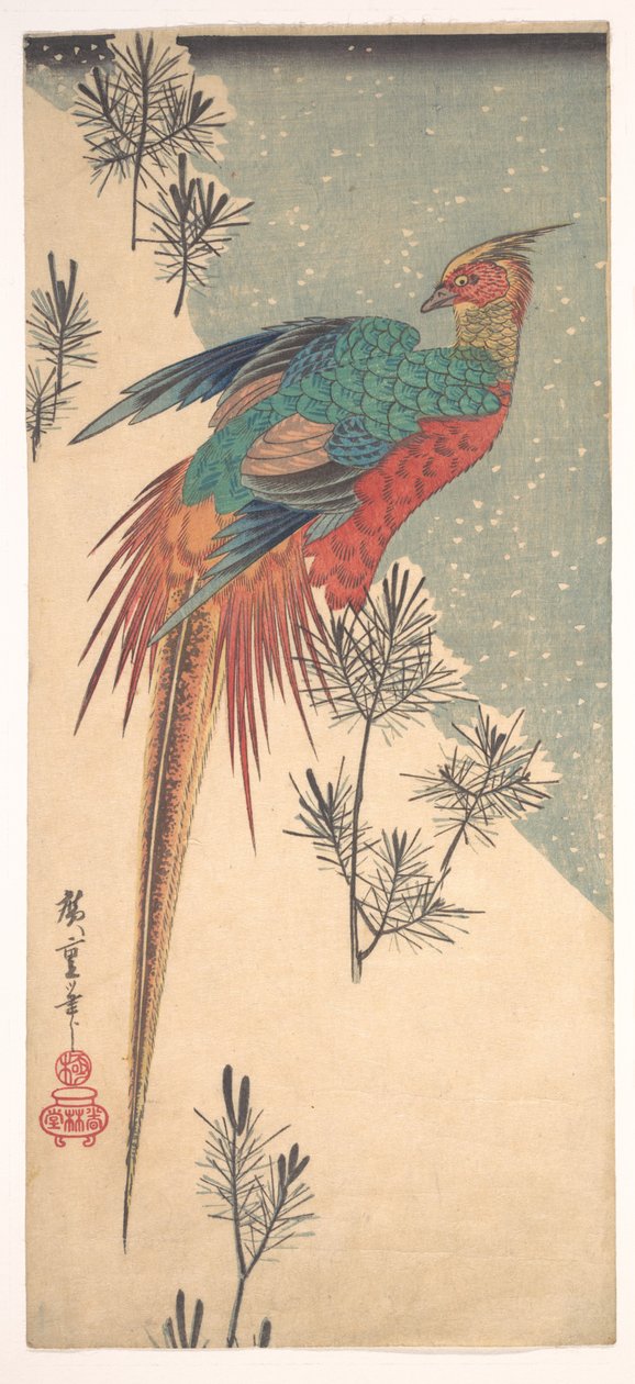 Faisão-dourado e rebentos de pinheiro na neve de Utagawa Hiroshige