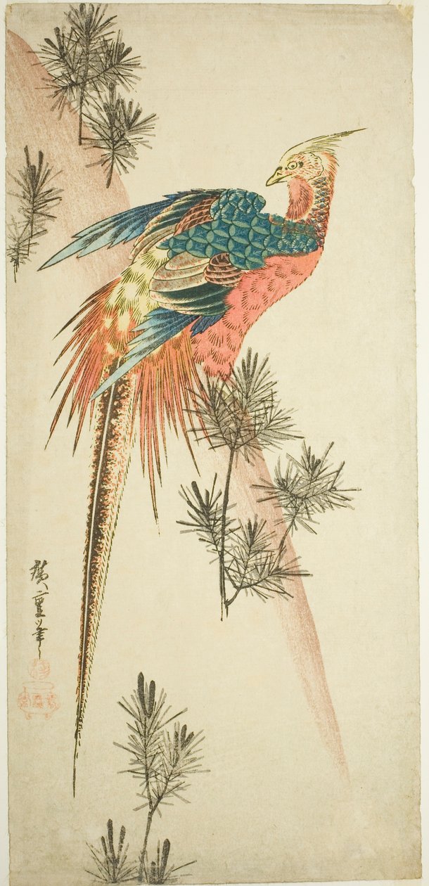 Faisão dourado e brotos de pinheiro na neve de Utagawa Hiroshige