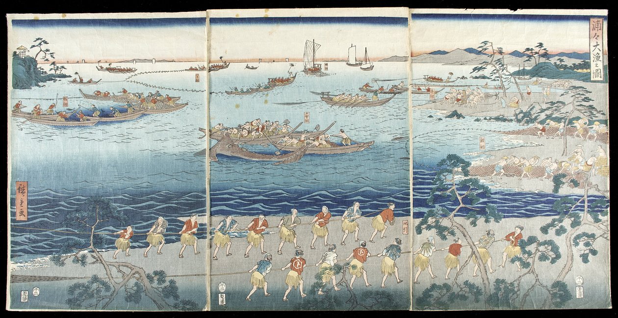 Magnífica cena de pesca na baía de Utagawa Hiroshige