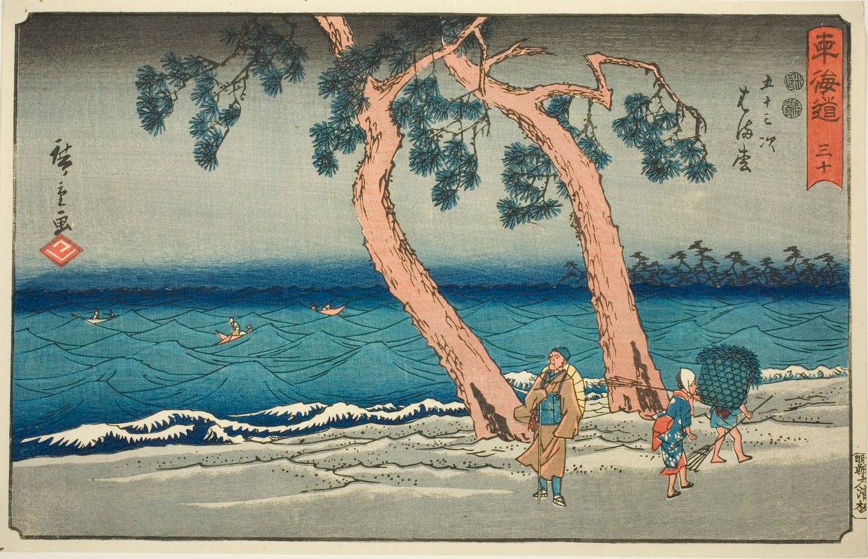 Hamamatsu—Não. 30, da série "Cinquenta e três estações do Tokaido (Tokaido gojusan tsugi)", também conhecido como Reisho Tokaido de Utagawa Hiroshige
