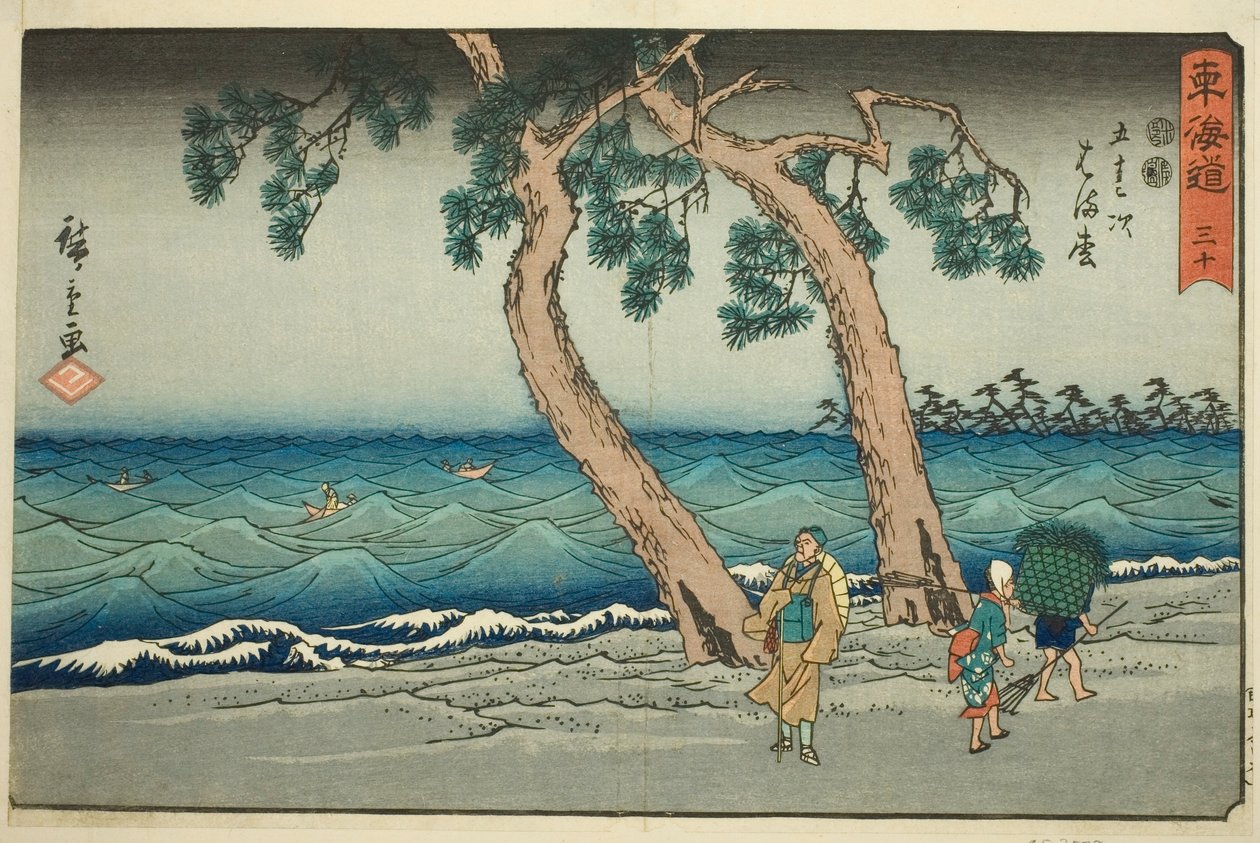 Hamamatsu—Não. 30, da série "Cinquenta e três estações do Tokaido (Tokaido gojusan tsugi)", também conhecido como Reisho Tokaido de Utagawa Hiroshige