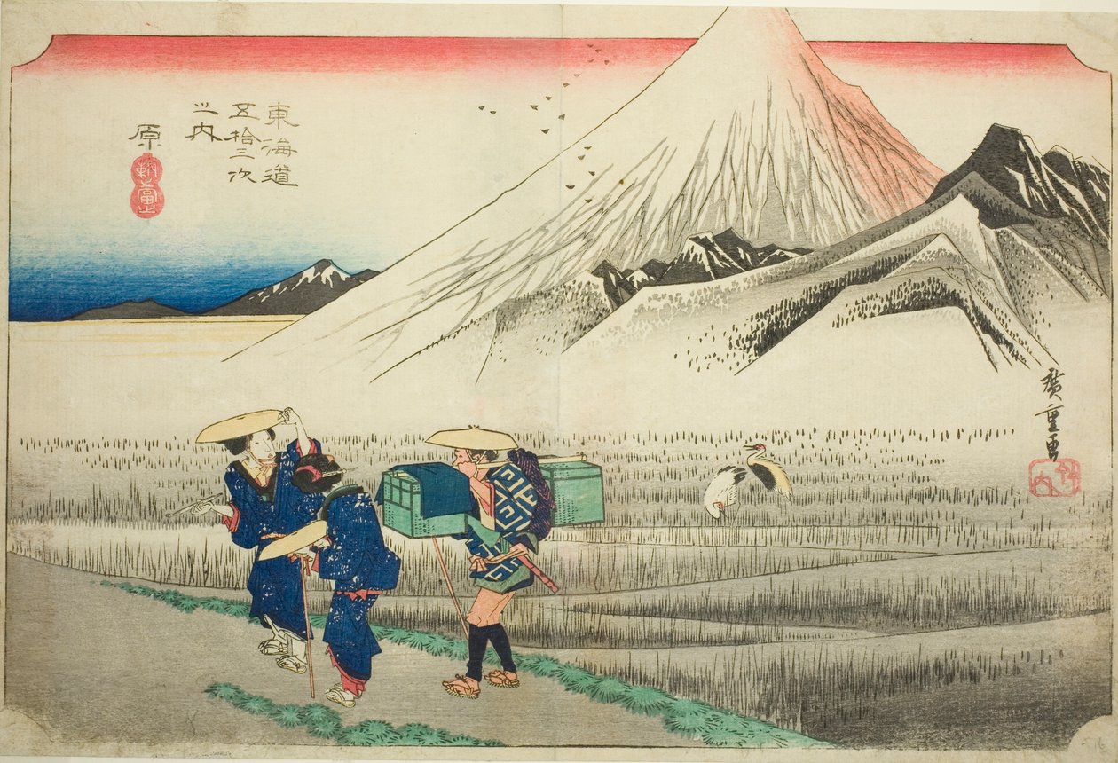 Hara: Mount Fuji in the Morning (Hara, asa no Fuji), da série "Cinquenta e três estações da estrada de Tokaido (Tokaido gojusan tsugi no uchi)", também conhecido como Hoeido Tokaido de Utagawa Hiroshige