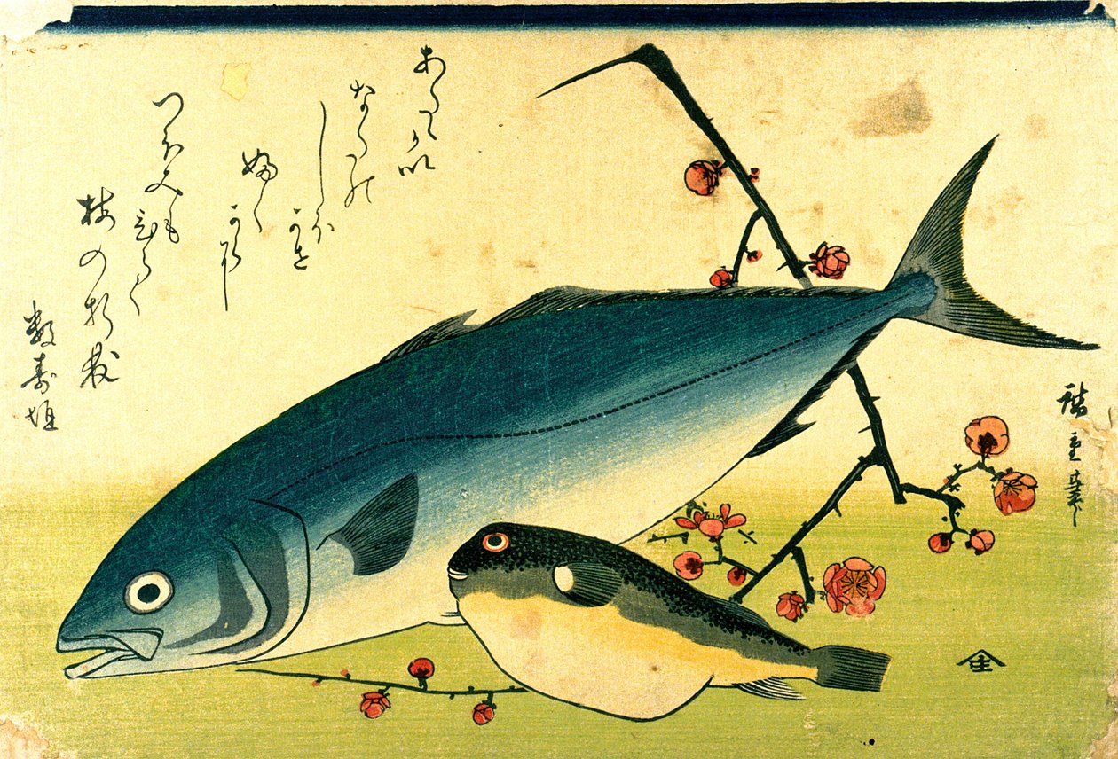 Hiroshige Um cardume de peixes Fugu de cauda amarela de Utagawa Hiroshige