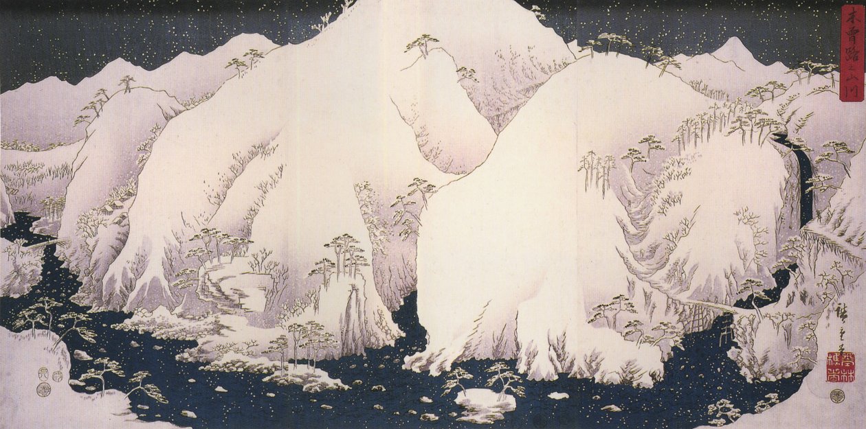 Hiroshige, Um rio entre montanhas nevadas de Utagawa Hiroshige
