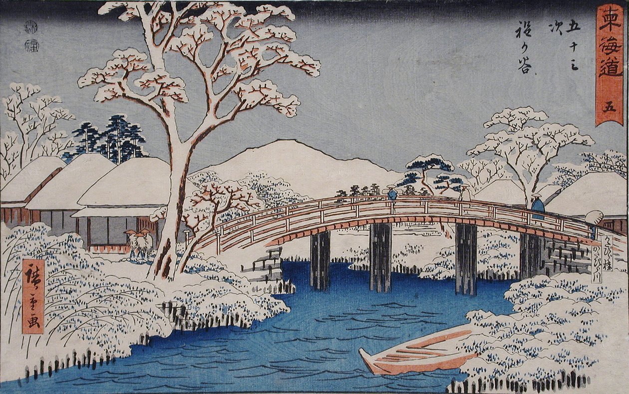 Hodogaya: o rio Katabira e a ponte Katabira de Utagawa Hiroshige