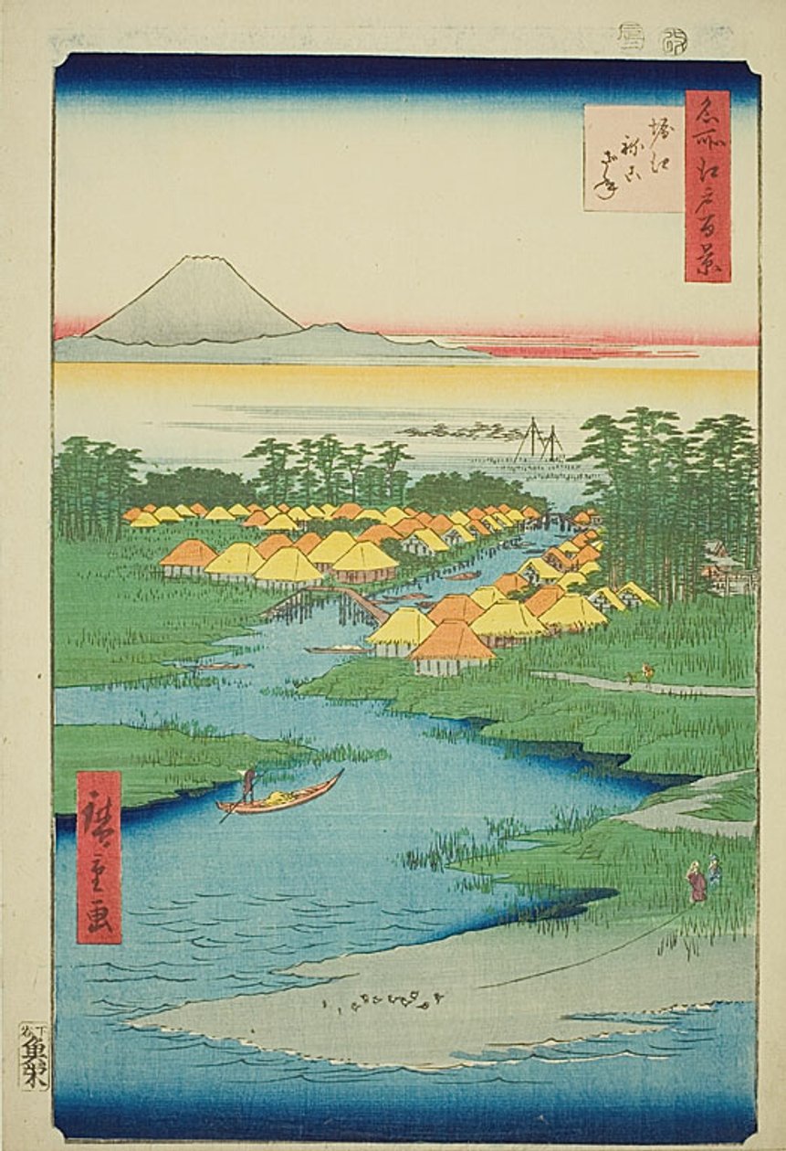 Horie e Nekozane (Horie Nekozane), n.º 96 da série "Cem vistas famosas de Edo (Meisho Edo hyakkei)" de Utagawa Hiroshige