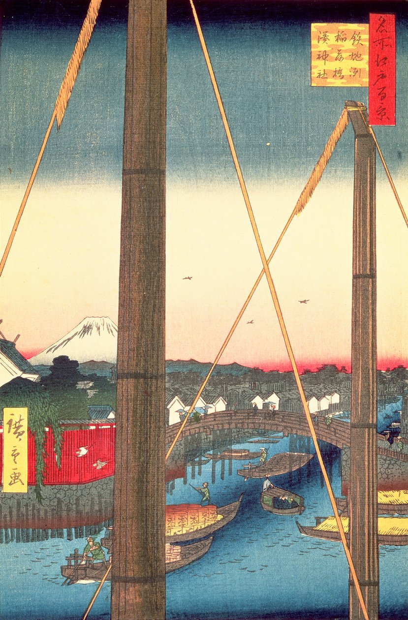 Ponte Inari e Santuário Minato, Teppozu, prato 77 da série Cem Vistas Famosas de Edo, Período Edo, Era Ansei, 1857 (impressão em xilogravura) de Utagawa Hiroshige