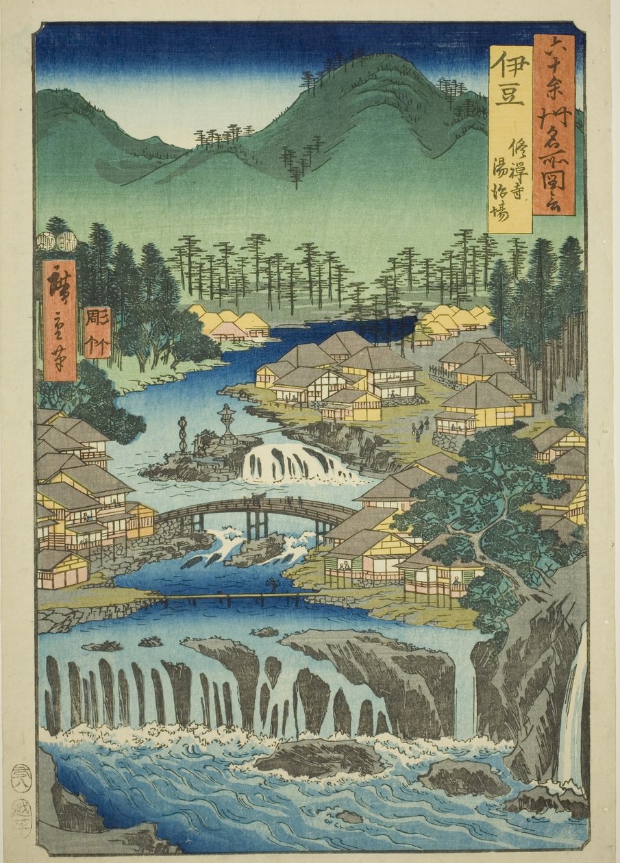 Província de Izu: Fontes termais do Templo Shuzen (Izu, Shuzenji tojiba), da série "Lugares Famosos nas Sessentas Províncias (Rokujuyoshu meisho zue)" de Utagawa Hiroshige