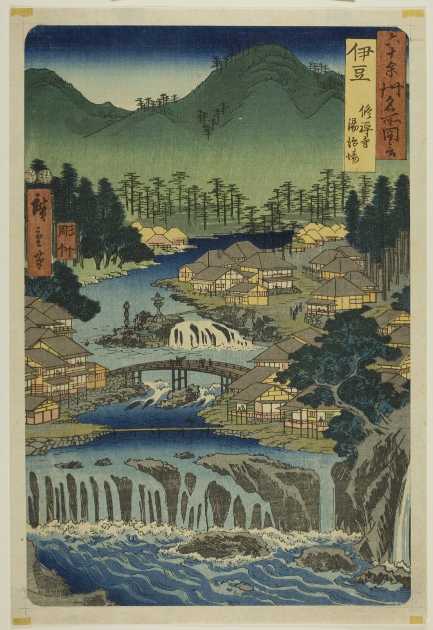 Província de Izu: Fontes termais do Templo de Shuzen (Izu, Shuzenji tojiba), da série "Lugares famosos nas sessenta e tal províncias (Rokujuyoshu meisho zue)" de Utagawa Hiroshige