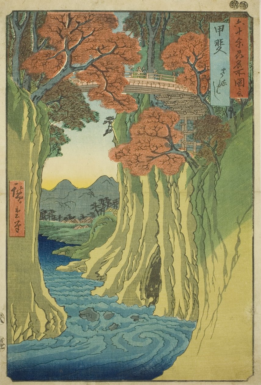 Província de Kai: Monkey Bridge (Kai, Saruhashi), da série "Lugares Famosos nas Sessenta Províncias (Rokujuyoshu meisho zue)" de Utagawa Hiroshige