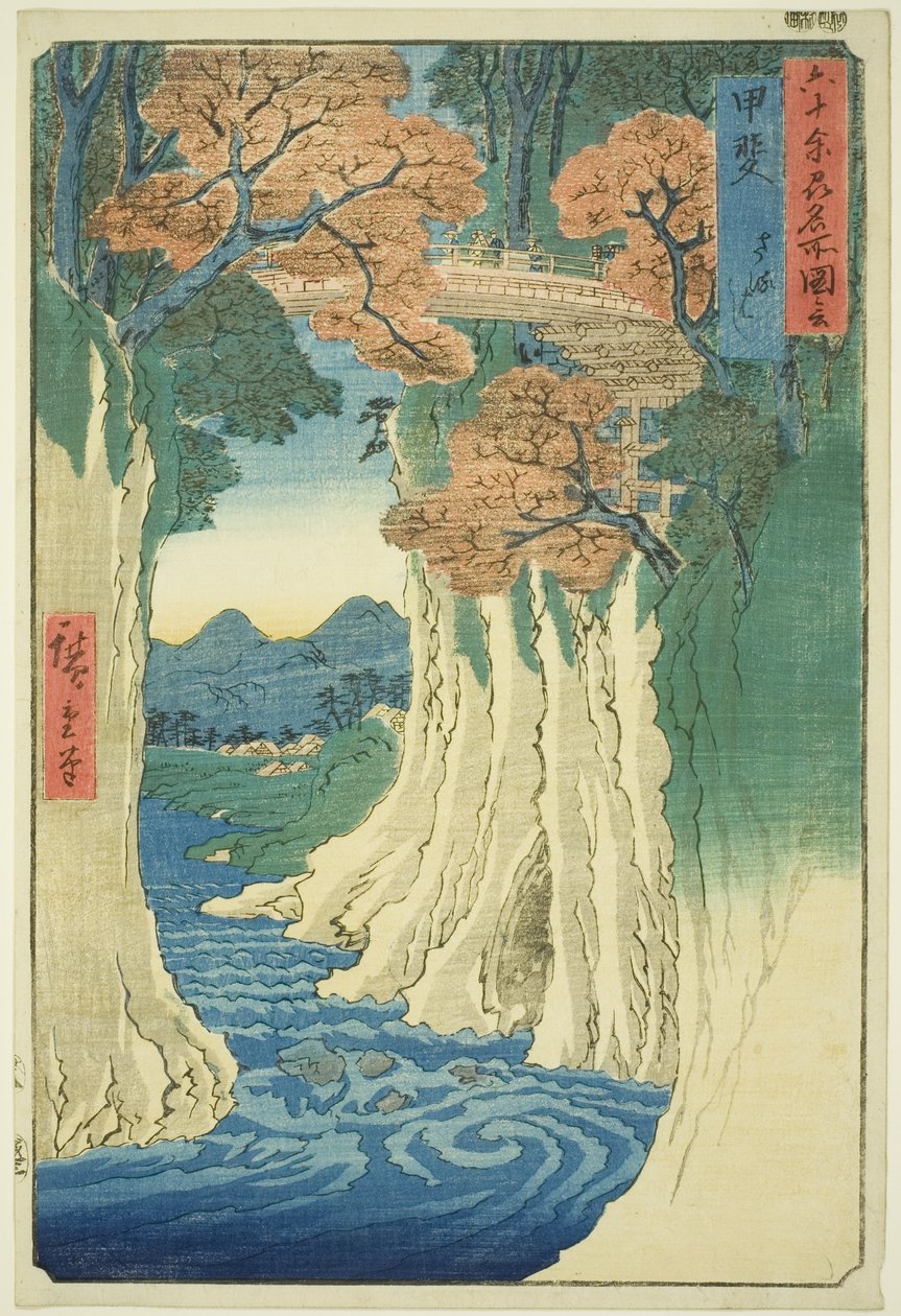 Província de Kai: Monkey Bridge (Kai, Saruhashi), da série "Lugares Famosos nas Sessenta Províncias (Rokujuyoshu meisho zue)" de Utagawa Hiroshige
