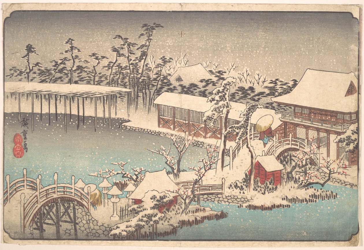 Neve no recinto do Kameido Tenmangū de Utagawa Hiroshige