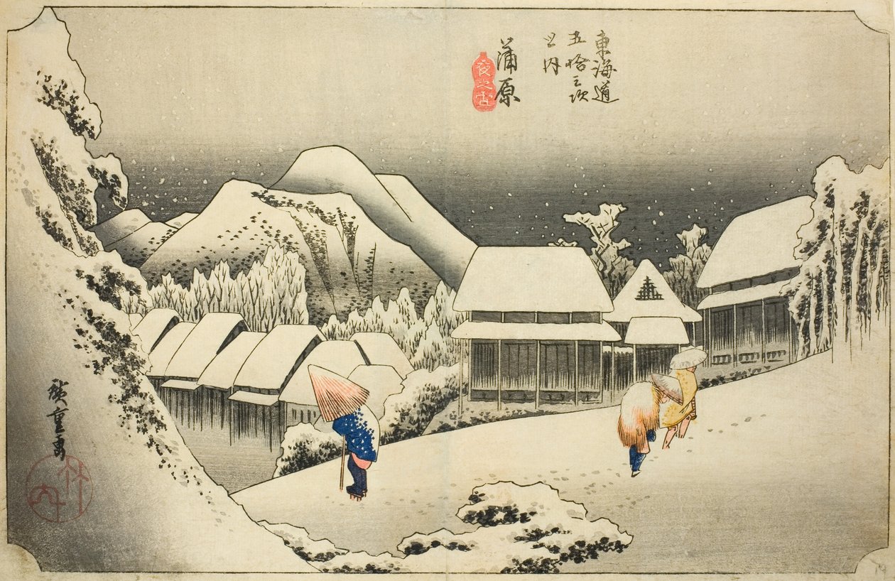 Kanbara: Evening Snow (Kanbara, yoru no yuki), da série "Cinquenta e três estações do Tokaido (Tokaido gojusan tsugi no uchi)", também conhecido como Hoeido Tokaido de Utagawa Hiroshige