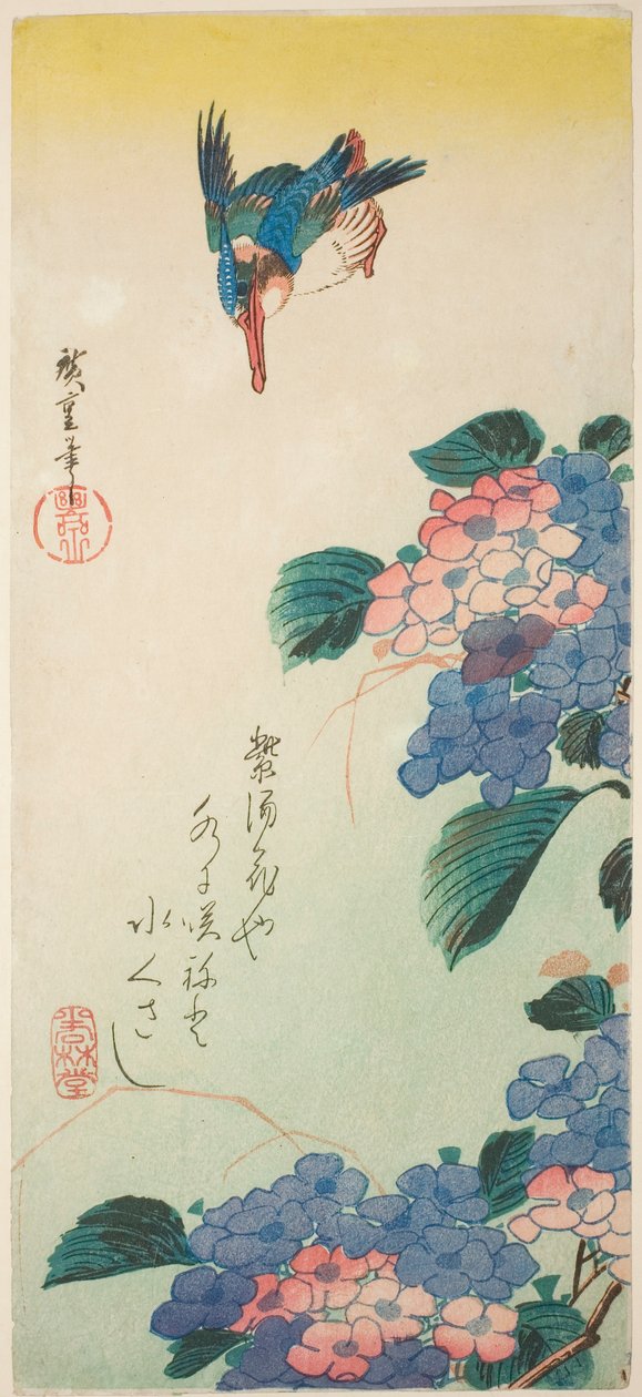 Martim-pescador e hortênsia de Utagawa Hiroshige