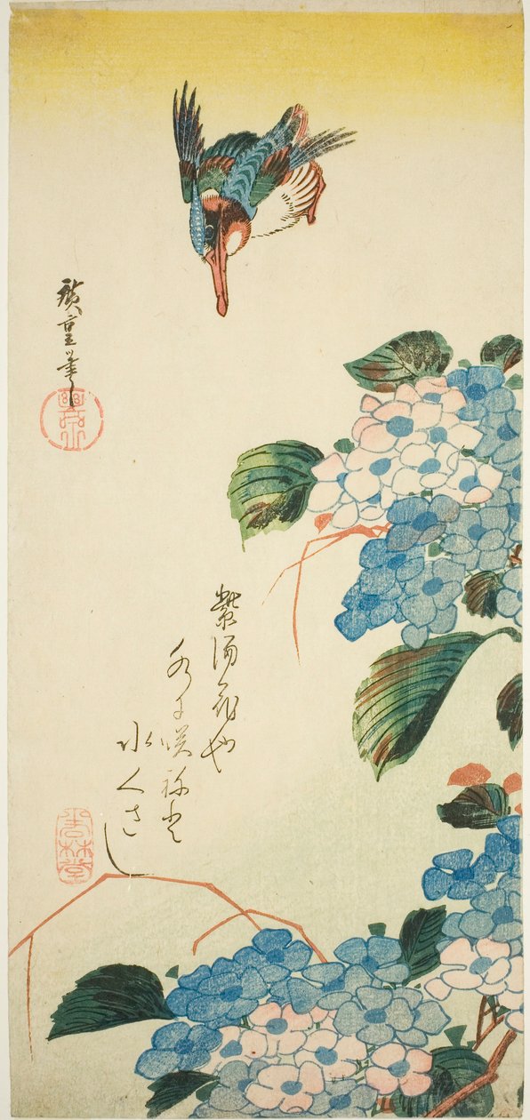 Martim-pescador e hortênsia de Utagawa Hiroshige