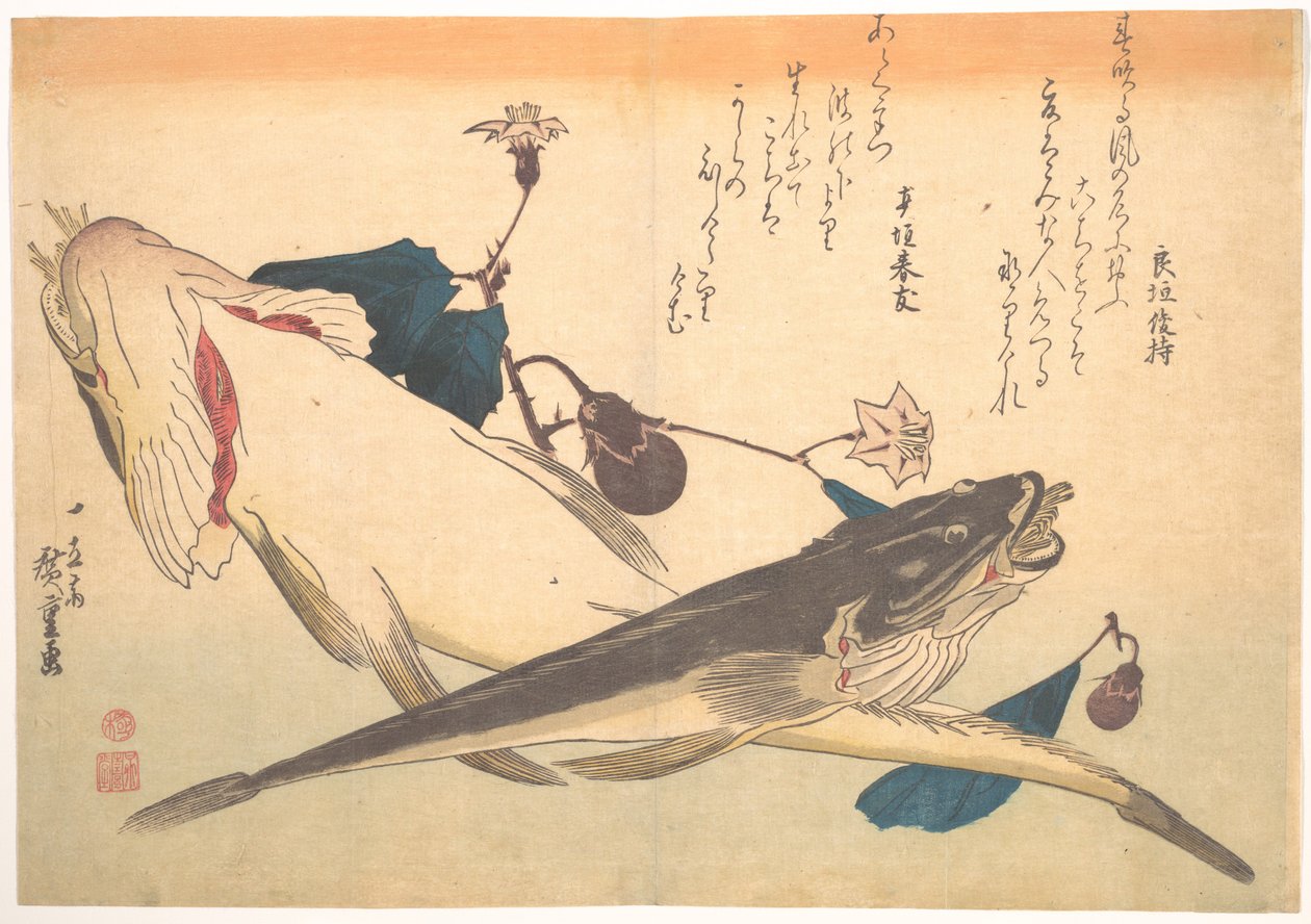 Peixe kochi com beringela, da série Uozukushi (Todas as variedades de peixe) de Utagawa Hiroshige