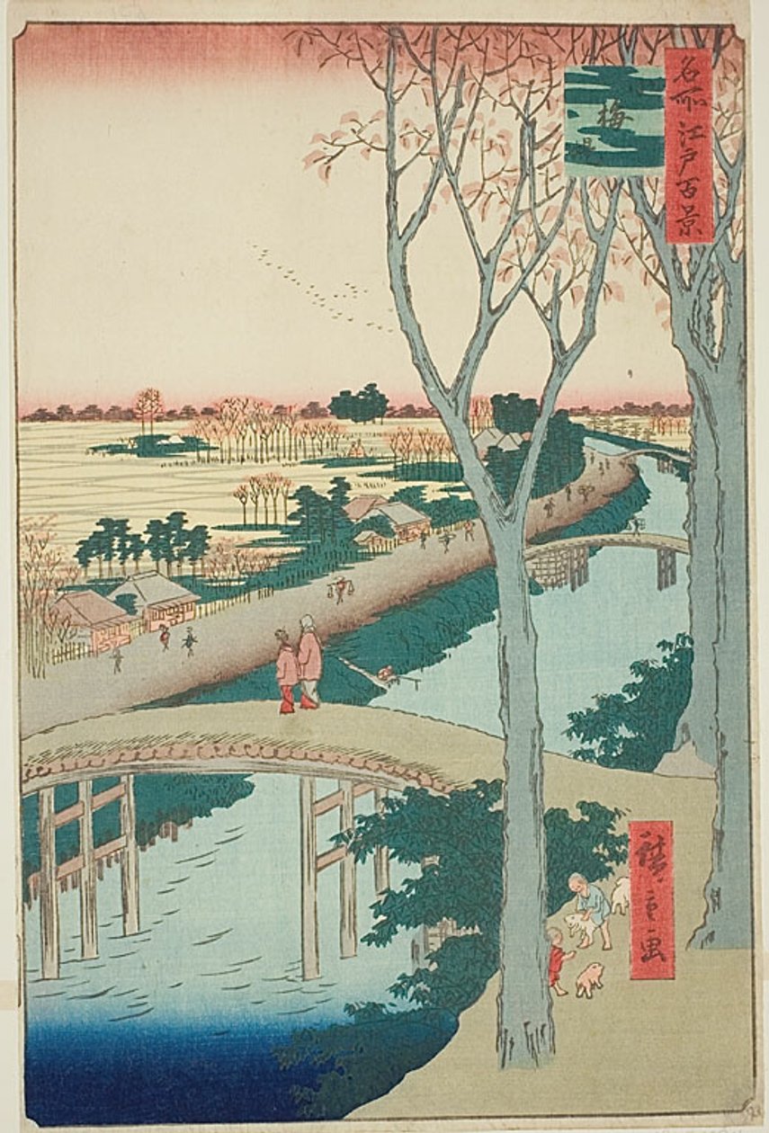 Aterro de Koume (Koumezutsumi), n.º 104 da série "Cem vistas famosas de Edo (Meisho Edo hyakkei)" de Utagawa Hiroshige