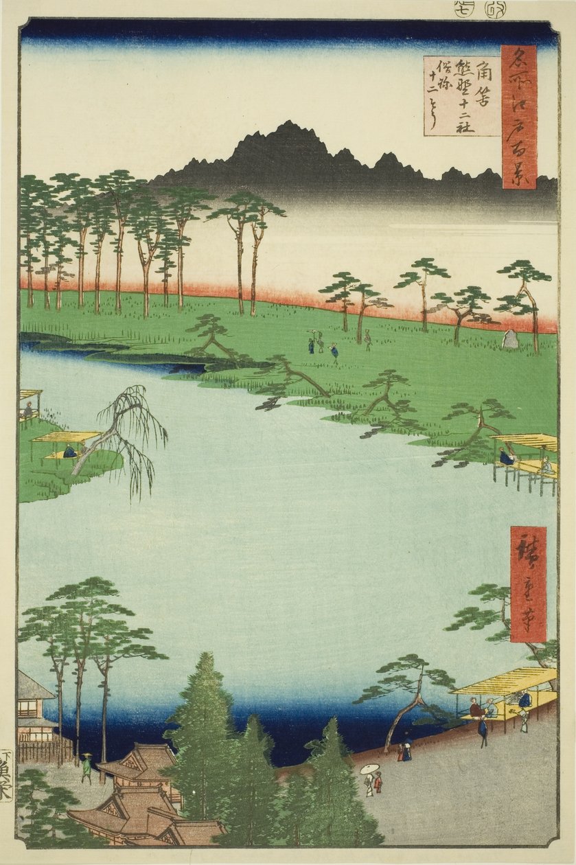 Santuário Kumano Junisha em Tsunohazu, Popularmente Conhecido como Juniso (Tsunohazu Kumano Junisha, zokusho Juniso), da série "Cem Vistas Famosas de Edo (Meisho Edo hyakkei)" de Utagawa Hiroshige