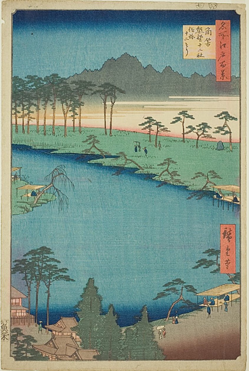 Santuário Kumano Junisha em Tsunohazu, popularmente conhecido como "Juniso" (Tsunohazu Kumano Junisha zokusho Juniso), n.º 50 da série "Cem vistas famosas de Edo (Meisho Edo hyakkei)" de Utagawa Hiroshige